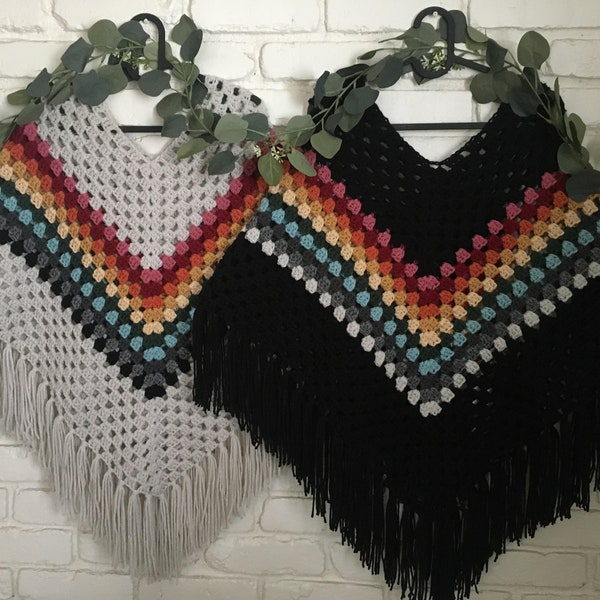 Ladies hippie, boho, crocheted, fringed, retro , festival outfit, pullover poncho