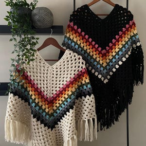 Ladies, women's, hippie, boho, crocheted, fringed, retro , festival outfit, pullover poncho