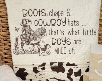 Heirloom Baby Quilt, Cowboy, Horse, Puppy, Ivory, Brown Cow, Embroidery, Brown, Embroidered, Shower, Gift, Nursery, Boy, Keepsake