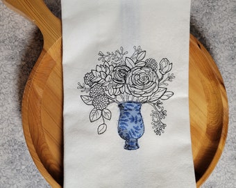 Applique, Blue Vase, Flower, Flour Sack, Kitchen, Tea Towel,  Embroidery, Embroidered, Gift under 15, Spring, Garden,