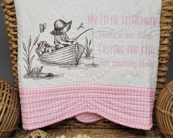 Personalized Heirloom Baby Girl Quilt: Pink Gingham, Embroidered Monogram, Shower Gift, Keepsake, Fishing