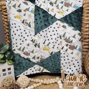 Woodland Baby Patchwork Quilt: Handmade Flannel Minky Blanket, Cabin Bear Deer woods woodland