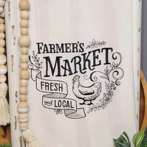 Embroidered Flour Sack Tea Towel: Farmers Market Hen Design