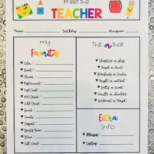 Teacher Favorite Things Questionnaire | Back to School Teacher Survey | Meet the Teacher Questionnaire | All About My Teacher Printable