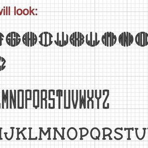 以下が含まれることがあります： さまざまなスタイルのモノグラムの例を示す画像。「How your letters will look:」のテキストが上部にあります。3つのモノグラムスタイルが表示されています：モノグラム#1-3、モノグラム#4-6、モノグラム#7-9。それぞれ異なるフォントと文字配置です。