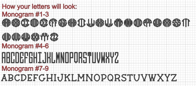 以下が含まれることがあります： さまざまなスタイルのモノグラムの例を示す画像。「How your letters will look:」のテキストが上部にあります。3つのモノグラムスタイルが表示されています：モノグラム#1-3、モノグラム#4-6、モノグラム#7-9。それぞれ異なるフォントと文字配置です。