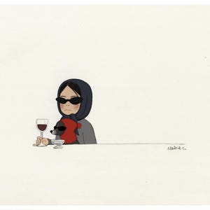 May include: Illustration of a person wearing sunglasses and a headscarf, holding a glass of red wine. A small dog with sunglasses and a red scarf sits next to the person. The artwork is signed "claire c."