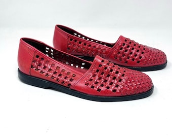 Red Woven Leather Slip On Loafers Huarache Style Flats Men's 8.5D
