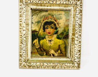 Vintage 1950s Victorian Parisian Lady Portrait Framed Wall Art Ornate Baroque Frame