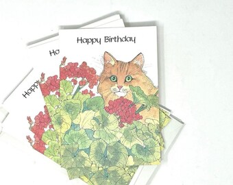 Vintage Cat Birthday Cards with Envelopes Floral Illustration Set