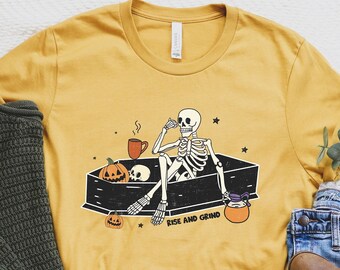 Vintage Halloween skeleton shirt, Rise and grind shirt Halloween coffee t-shirt, Retro Halloween pumpkin shirt womens fall fashion shirt