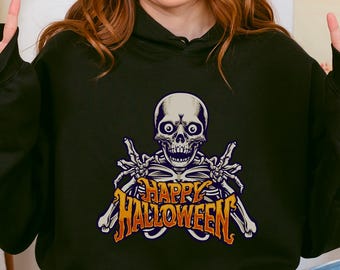 Skeleton Hoodie Happy Halloween Hoodie, Plus Size Goth Hoodie Gothic Hoodie Pastel Goth Hoodie, Halloween Crewneck Retro Halloween Sweater