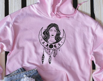 Boho tribal moon girl hoodie dreamcatcher sweater, Celestial native nature lover hoodie sweatshirt, Mystical yoga witchy hoodie pullover