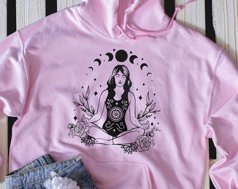 Yoga girl hoodie astrology sweatshirt, Wicca witch tarot zodiac moon hoodie sweater, Horoscope meditation namaste asana mindfulness sweater