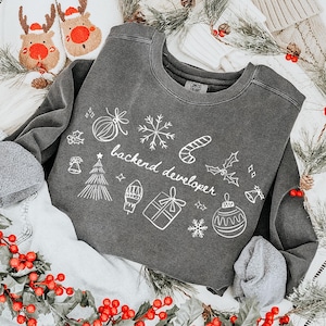 May include: A charcoal grey sweatshirt with white festive doodles and the text "backend developer." The sweatshirt is styled with light-wash denim shorts, grey socks, and reindeer slippers. Festive greenery and a stocking complete the holiday theme.