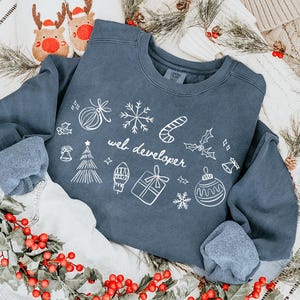 Può includere: Una felpa blu navy con scarabocchi natalizi bianchi e la scritta "web developer". L'immagine include decorazioni festive come ghirlande di bacche rosse, pantofole di renne e una calza a maglia, creando un tema natalizio.