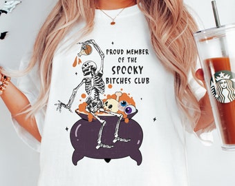 Bad bitches club shirt skeleton graphic t-shirt, Vintage Halloween shirt women spooky season shirt, Retro Halloween tshirt womens fall shirt