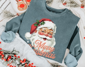 Retro Santa Sweatshirt, Komfortfarben Frohe Weihnachten Shirt Weihnachtspullover für Frauen, Urlaub Sweatshirt Weihnachten PJs Retro Santa Shirt