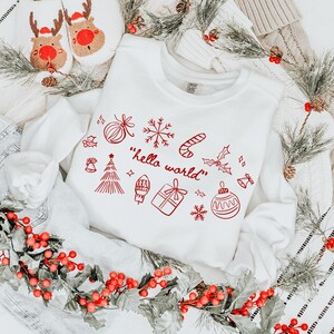 Sudadera navideña "Hola Mundo", camiseta de tecnología para mujer con colores cómodos y cuello redondo, suéter de informática para programadores navideños.