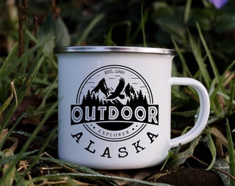 Taza de esmalte de Alaska, taza personalizada de Alaska, recuerdo de viaje de vacaciones en Alaska para él, regalo para amantes de las actividades al aire libre en el Parque Nacional de las Montañas de Alaska para ella
