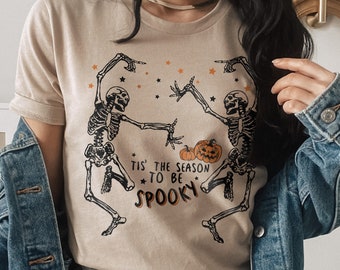 Skeleton Shirt, Womens Halloween Shirt Spooky Tshirt Autumn Shirt, Dancing Skeleton Shirt Retro Halloween Party Outfit Halloween Costume