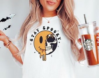 Stay spooky shirt vintage Halloween shirt, Smiley face shirt goth human skull shirt, Halloween skeleton shirt vintage Halloween skull shirt