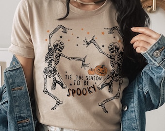 Skeleton Shirt, Womens Halloween Shirt Spooky Tshirt Autumn Shirt Dancing Skeleton Shirt Retro Halloween Party Outfit, Halloween Costume