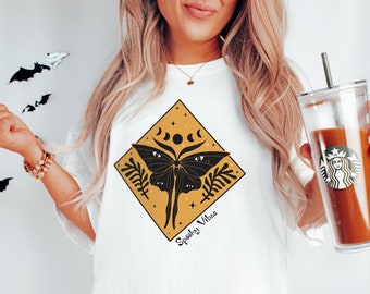 Retro Halloween shirt witchy tshirt, Vintage witch tshirt butterfly shirt, Spooky vibes shirt moon mystical shirt cottagecore Tarot shirt