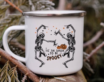 Kubek emaliowany szkielet na Halloween, upiorny kubek do kawy, jesienny kubek do kawy, jesienny kubek kempingowy na Halloween, jesienny kubek ogniskowy, kubek z duchem ogniska