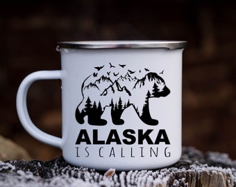 Taza de esmalte "Alaska is Calling", recuerdo de viaje a Alaska, taza de café de Anchorage, Alaska, taza de montaña, taza para senderismo al aire libre, taza de café con oso de Alaska