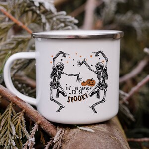 Skeleton Enamel Mug Halloween gift, Spooky Coffee Mug Fall Coffee Mug Autumn Camper Mug Halloween Gift, Fall Campfire Mug Ghost Bonfire Mug