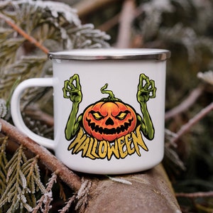 Halloween Enamel Mug, Pumpkin Enamel Mug, Jack O Lantern Mug, Halloween Gift, Fall Camping Mug, Fall Campfire Halloween Mug, Fall Coffee Mug