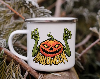 Halloween Enamel Mug, Pumpkin Enamel Mug Jack O Lantern Mug Halloween Gift, Fall Camping Mug Fall Campfire Halloween Mug Fall Coffee Mug