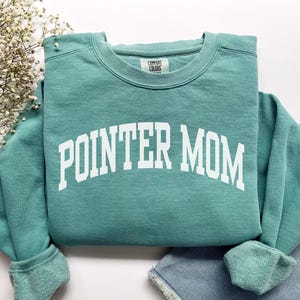 May include: Teal blue sweatshirt with white text that reads "POINTER MOM".