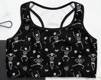 Womens Halloween Costume, Skeleton Sports Bra Black Halloween Workout Bra, Padded Sports Bra Gothic Clothing Witch Halloween Party Outfit