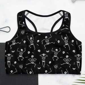 Womens Halloween Costume, Skeleton Sports Bra, Black Halloween Workout Bra, Padded Sports Bra, Gothic Clothing, Witch Halloween Party Outfit