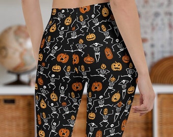 Capri Skeleton Leggings, Halloween Costume Pumpkin Pants Woman Pumpkin Leggings Goth Leggings, Black Orange Halloween Leggings Gothic Pants