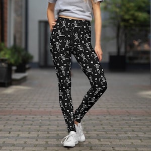 Skeleton Halloween Costume Leggings, Halloween Pants Spooky Scary Skeleton Leggings Gym Workout Leggings Horror Leggings Black Yoga Leggings
