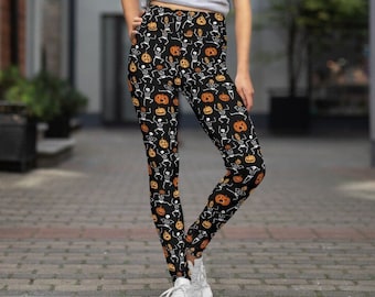 Leginsy ze szkieletem na Halloween, upiorne spodnie na Halloween, rajstopy, leginsy z dyniami, leginsy gotyckie, leginsy do jogi gotyckie, leginsy plus size