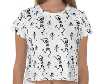 Dancing Skeleton Shirt, Womens Halloween Costume Skeleton Crop Top Halloween Shirt Aesthetic Crop Top, Vaporwave Shirt Pastel Goth Shirt