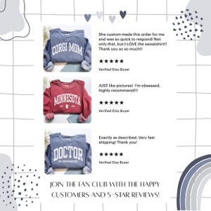 Puede incluir: Imagen que presenta tres sudaderas con los textos "CORGI MOM", "MINNESOTA" y "DOCTOR OF OPTOMETRY". Tambi&eacute;n se muestran rese&ntilde;as de clientes y una llamada a la acci&oacute;n para unirse al club de fans. Las sudaderas son azules y rojas.