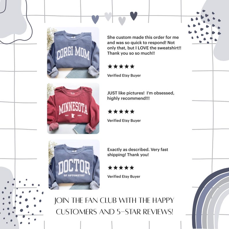 Puede incluir: Imagen que presenta tres sudaderas con los textos "CORGI MOM", "MINNESOTA" y "DOCTOR OF OPTOMETRY". Tambi&eacute;n se muestran rese&ntilde;as de clientes y una llamada a la acci&oacute;n para unirse al club de fans. Las sudaderas son azules y rojas.