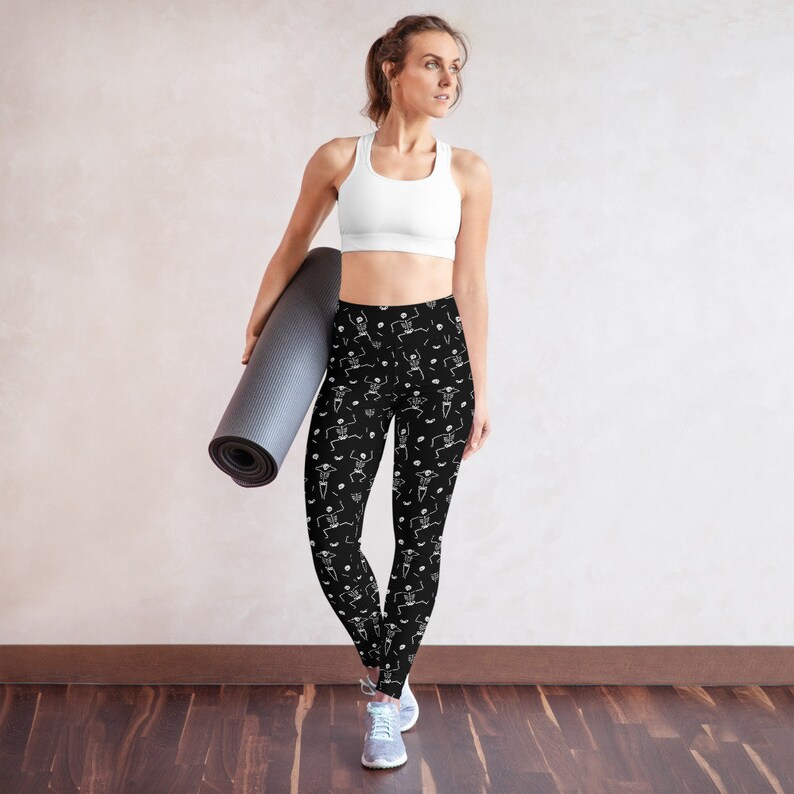 Skeleton Halloween Costume Leggings, Halloween Pants Spooky Scary Skeleton Leggings Gym Workout Leggings Horror Leggings Black Yoga Leggings