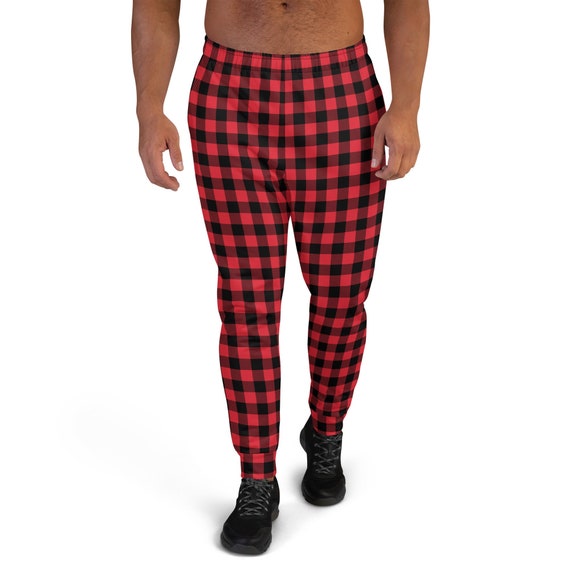 Mens Christmas Outfit Buffalo Plaid Pants, Christmas Sweatpants As Holiday Joggers or Christmas Pajamas, Red Xmas Pants As Mens Plaid Pants