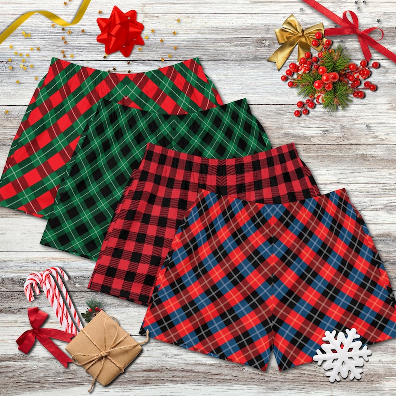 Women Christmas shorts pajamas buffalo plaid holiday jammies athletic workout gym shorts Christmas pyjamas family matching Christmas pjs