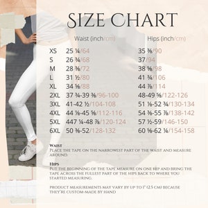 May include: Size chart for clothing with measurements in inches and centimeters. The chart lists sizes from XS to 6XL with corresponding waist and hip measurements.