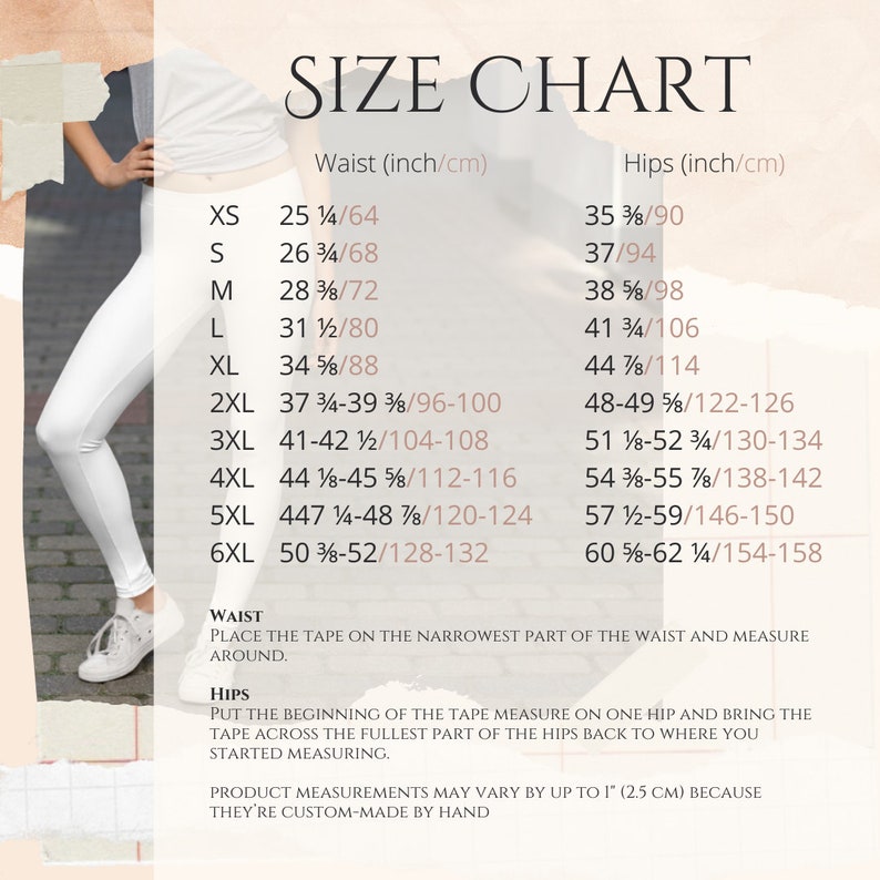 May include: Size chart for clothing with measurements in inches and centimeters. The chart lists sizes from XS to 6XL with corresponding waist and hip measurements.