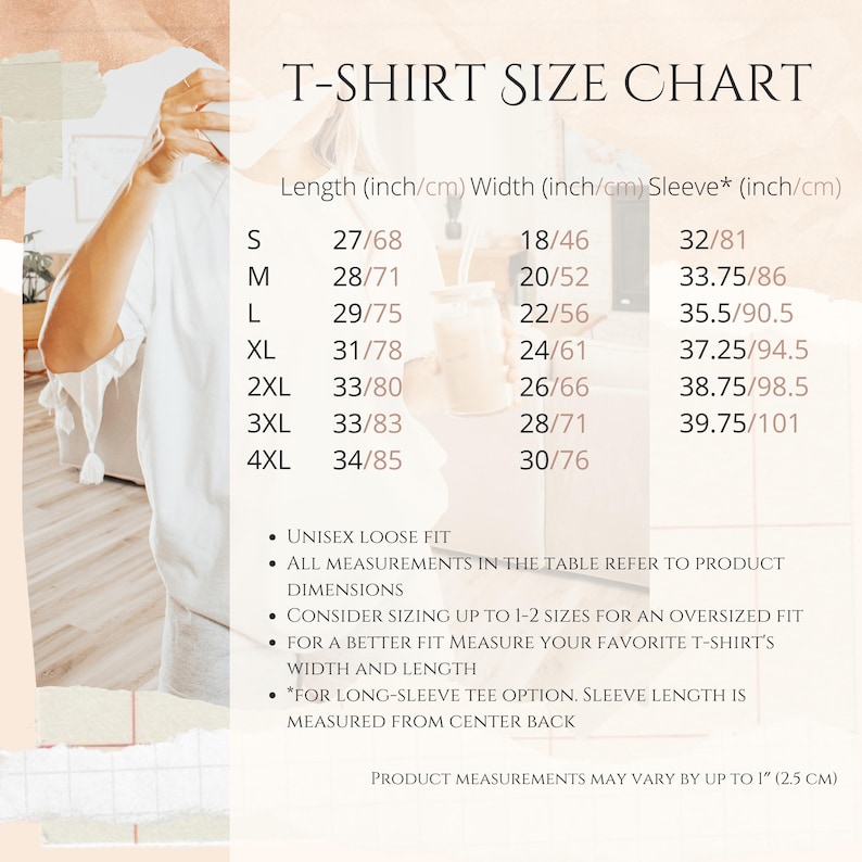 以下が含まれることがあります： Tシャツのサイズチャートで、インチとセンチメートルで測定されています。チャートには、Sから4XLまでのサイズの長さ、幅、袖丈が表示されています。チャートには、ユニセックスフィット、オーバーサイズフィットのためのサイズアップ、お気に入りのTシャツを測定してより良いフィット感を得る方法に関する情報も含まれています。