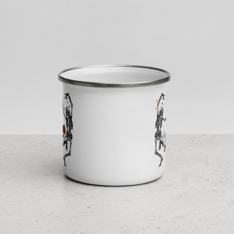 Skeleton Enamel Mug Halloween gift, Spooky Coffee Mug Fall Coffee Mug Autumn Camper Mug Halloween Gift, Fall Campfire Mug Ghost Bonfire Mug