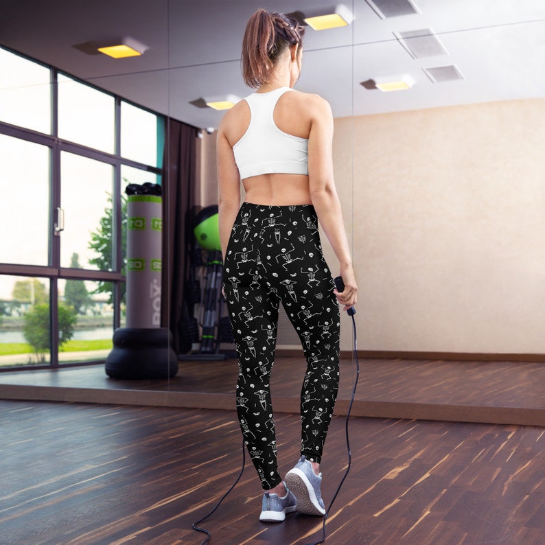 Skeleton Halloween Costume Leggings, Halloween Pants Spooky Scary Skeleton Leggings Gym Workout Leggings Horror Leggings Black Yoga Leggings